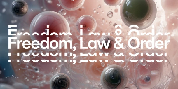 Freedom, Law & Order image with ethereal spheres and white text reverberating that says: "Freedom, Law & Order"